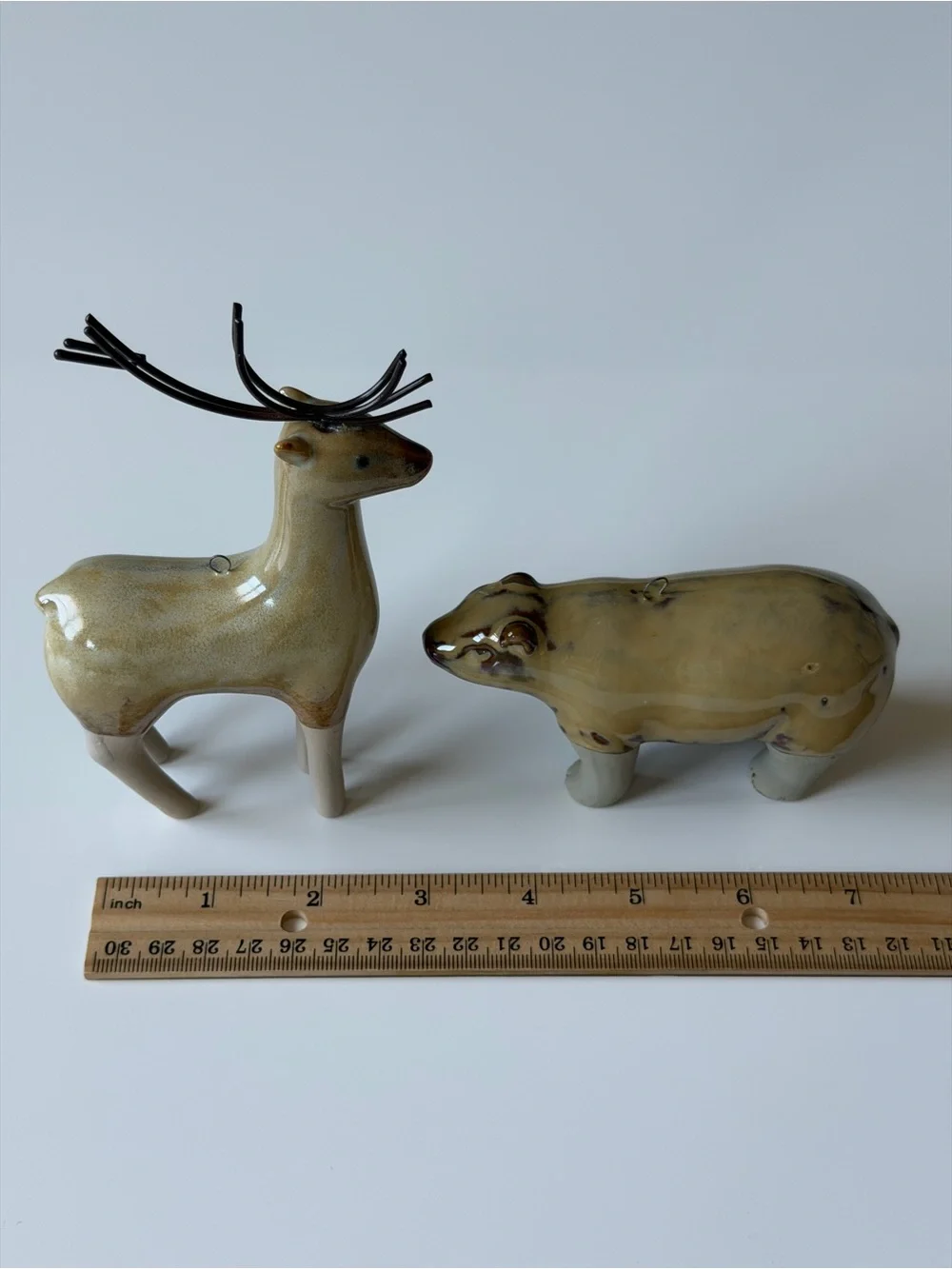 Ceramic Deer and Bear Figurine Set in Glazed Beige Rustic Woodland